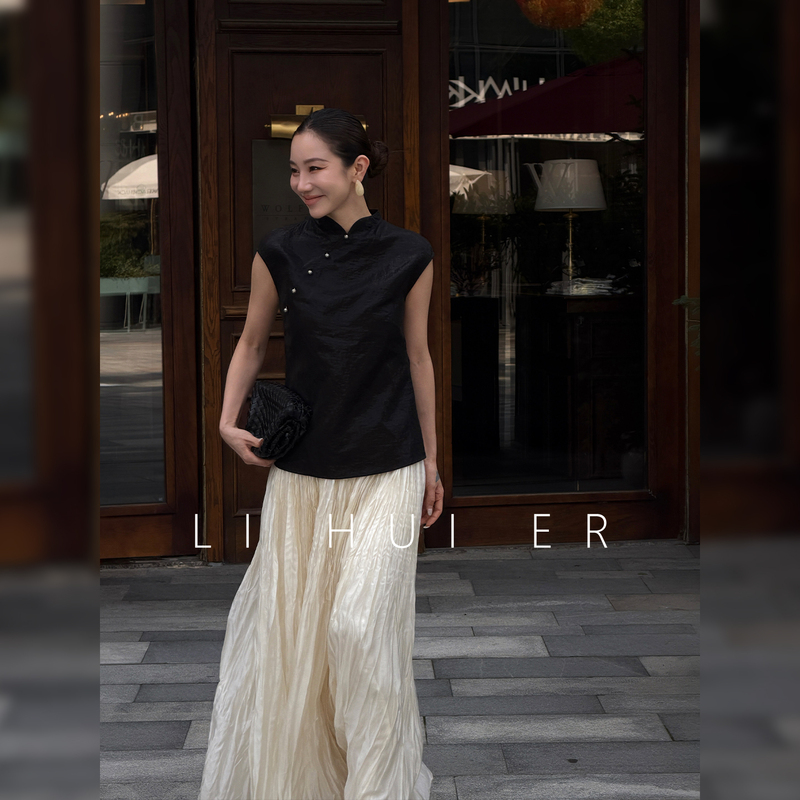 Lihuier [Endless Midsummer] Summer New Chinese Style Small Flutter Sleeve Tank Top for Women, Slimming Sleeveless Top