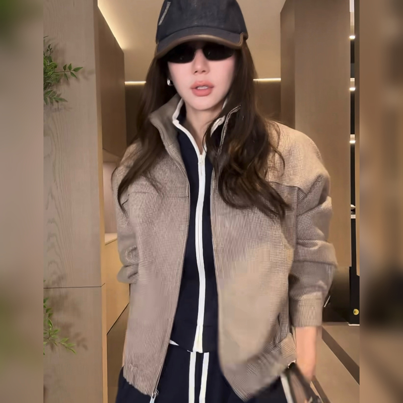 Lihuier Li Hui'Er Casual Old Money Minimalist Plaid Design Sheep Wool Stand Collar Jacket Autumn Style