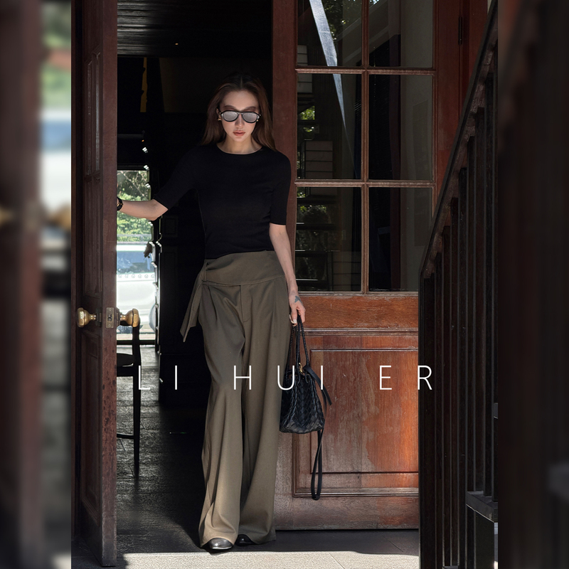 Lihuier [Moss Shore] Autumn Style Elegant Merino Wool Versatile Vintage Army Green Straight Casual Pants