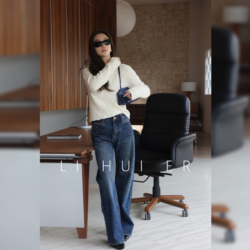 Lihuier [Blue Cape] Blue Pure Cotton Casual Straight-Leg Pants Autumn and Winter Hong Kong Style Retro Jeans