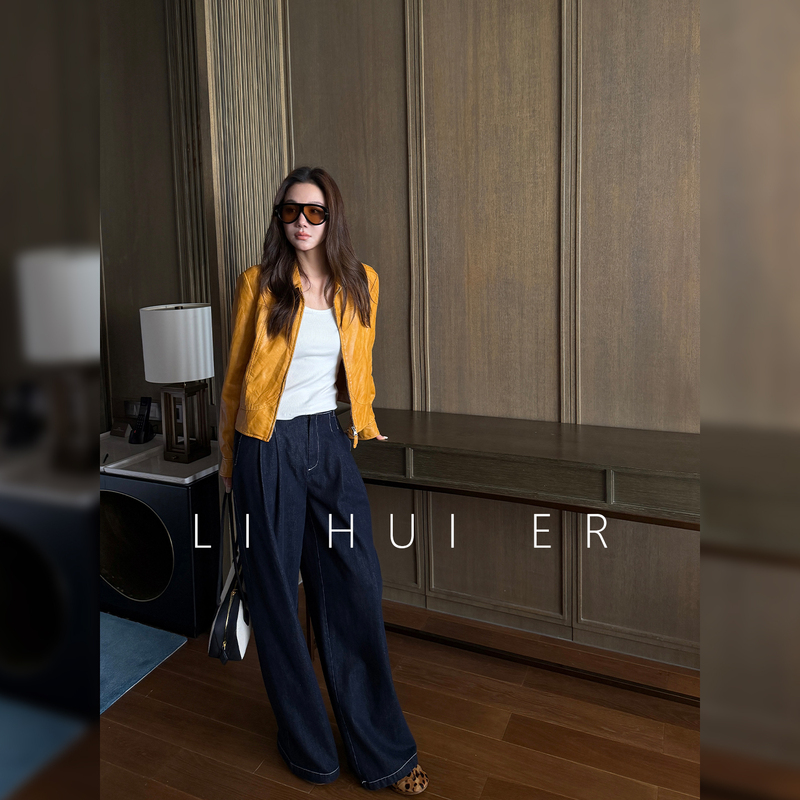 Lihuier Li Hui'Er Ximan Time Autumn Cotton American Retro Blue Wide-Leg Pants Straight-Leg Denim Trousers