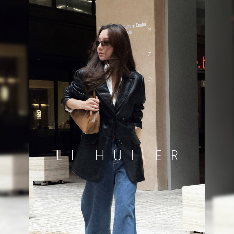 Li Hui Er (Li Hui'Er) Barcelona Time Zone Black Pu Leather High-End Loose-Fitting Leather Jacket Blazer for Autumn