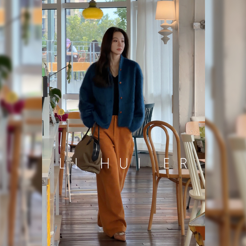 Lihuier [Maple Sugar] Wool Draped Hip-Hiding Vintage Eye-Catching Orange Fuzzy Thickened Casual Pants