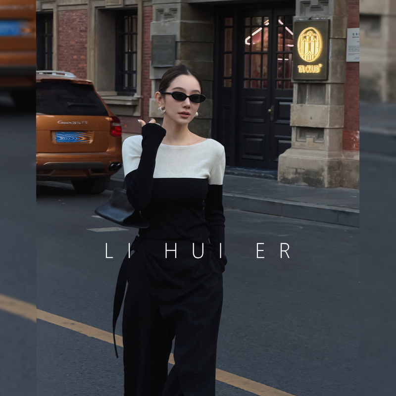 Lihuier Sydney Block 100% Wool Knit Sweater for Women Winter Light High-End Style Color-Block Sweater