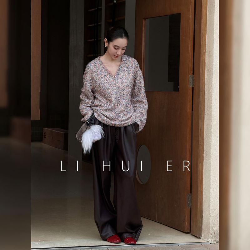 Li Hui Er [Old Bordeaux Castle] Autumn and Winter Old Money Dark Red Pu Leather Pants Straight Casual Pants