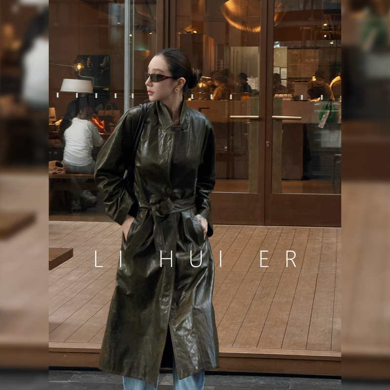 Lihuier Li Hui'Er Shanyu Qinghe Full Sheepskin Oil Wax Surface Green Long Genuine Leather Trench Coat Autumn Style Lihuier Li Hui'Er Shanyu Qinghe Full Sheepskin Oil Wax Surface Green Long Genuine Leather Trench Coat Autumn Style