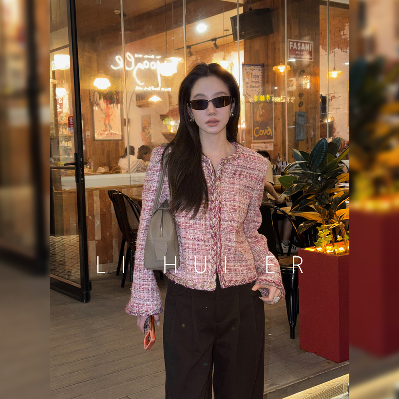 Lihuier Li Hui'Er Gold-Embellished Cherry Season Round Neck Red Tweed Wool Chanel-Style Jacket for Women, Autumn Style