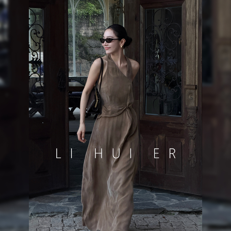 Lihuier [Moss Sunset] Sleeveless Dress for Women Irregular Khaki Brown V-Neck Slim Long Dress