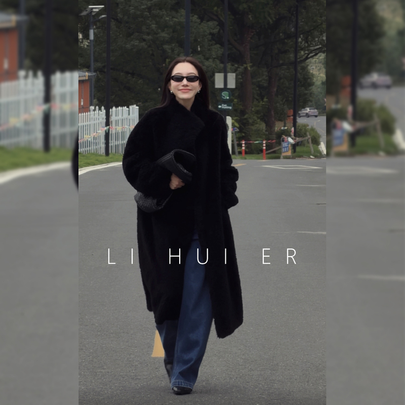 Lihuier Li Hui'Er Madrid Academy Lightly Mature and Sophisticated Wool Coat for Women, Faux Fur One-Piece Coat