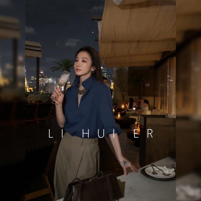 Lihuier [Paris Crease] 100% Cotton Blue Relaxed Casual Lapel Shirt Casual Top