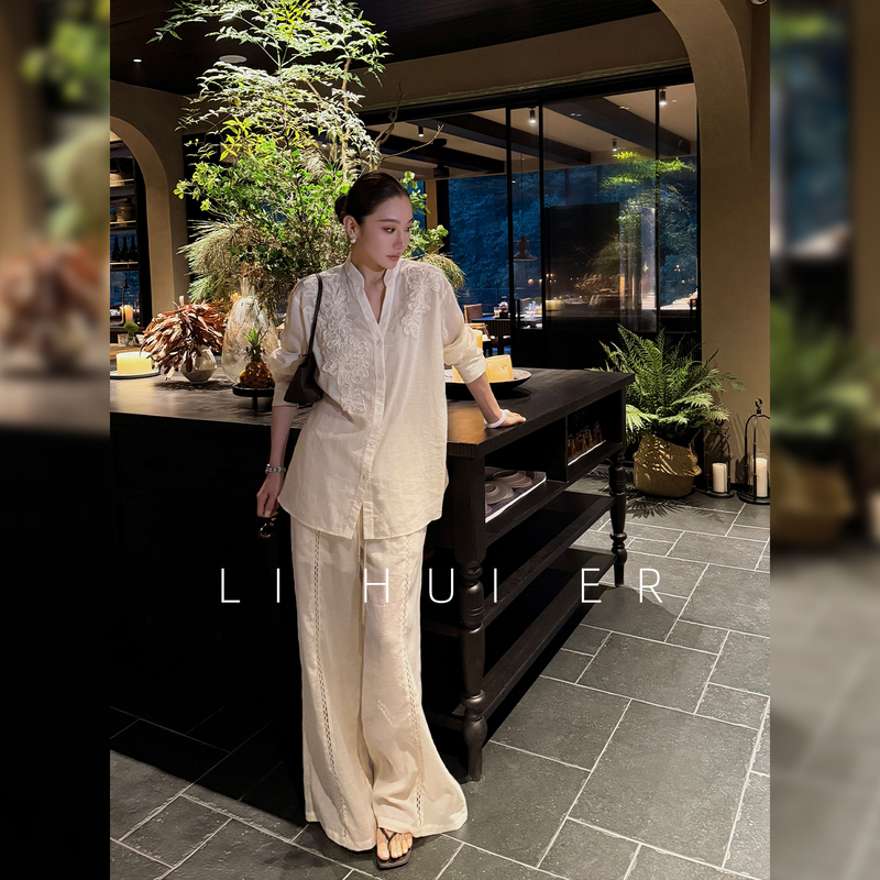 Lihuier Li Hui'Er Manta Garden Summer High-End Tencel Ramie Beaded Embroidery Long-Sleeve Shirt and Casual Pants Set Lihuier Li Hui'Er Manta Garden Summer High-End Tencel Ramie Beaded Embroidery Long-Sleeve Shirt and Casual Pants Set
