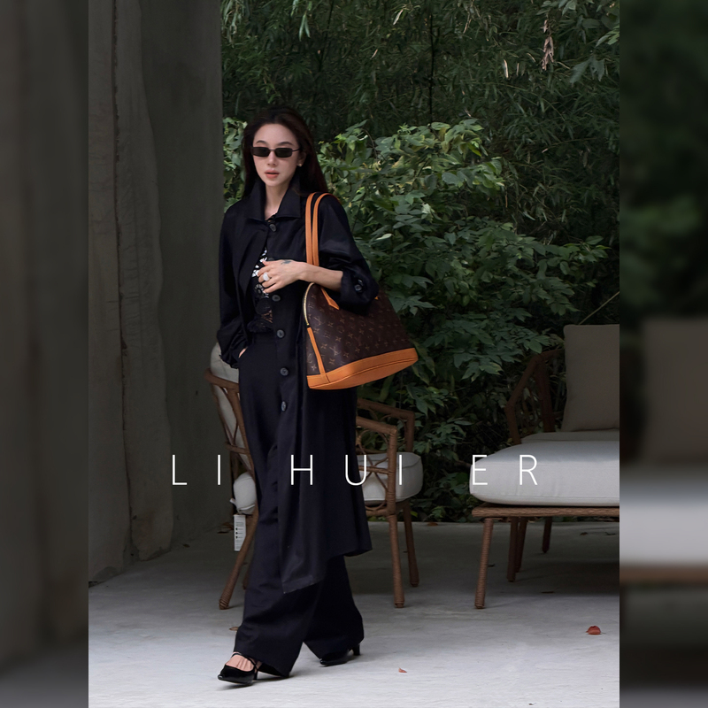 Lihuier Polly Long Night Black High-End British Style Oversized Long Trench Coat for Women
