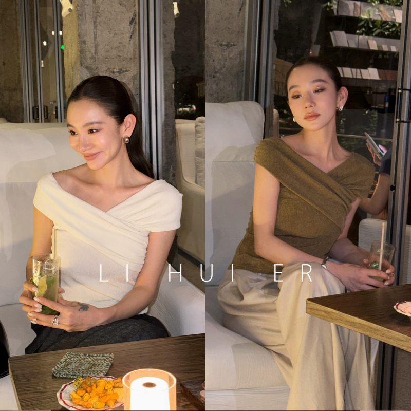 Lihuier [Qianhe] Summer Beige Irregular Asymmetrical Shoulder Slim Fit Acetate Sleeveless Tank Top
