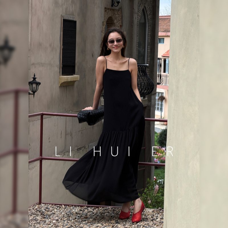 Lihuier Li Hui'Er Cool Evening Breeze Black Early Summer Exquisite Dress for Petite Women Spaghetti Strap Dress Tulle Dress