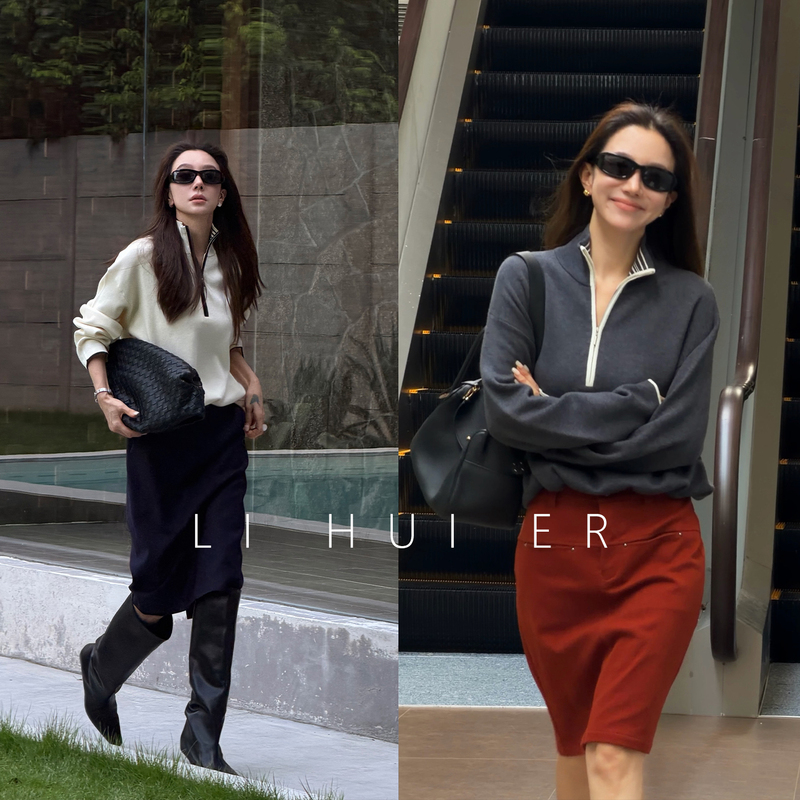 Lihuier [Venice Dawn] Knitted Breathable Cotton Color-Block Half-Zip Stand Collar Old Money Sweatshirt