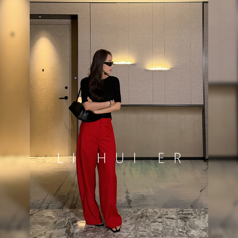 Li Hui Er Li Hui'Er Doomsday Bonfire Retro Red Straight Casual Pants Summer Wide-Leg Pants Draped Long Pants Li Hui Er Li Hui'Er Doomsday Bonfire Retro Red Straight Casual Pants Summer Wide-Leg Pants Draped Long Pants