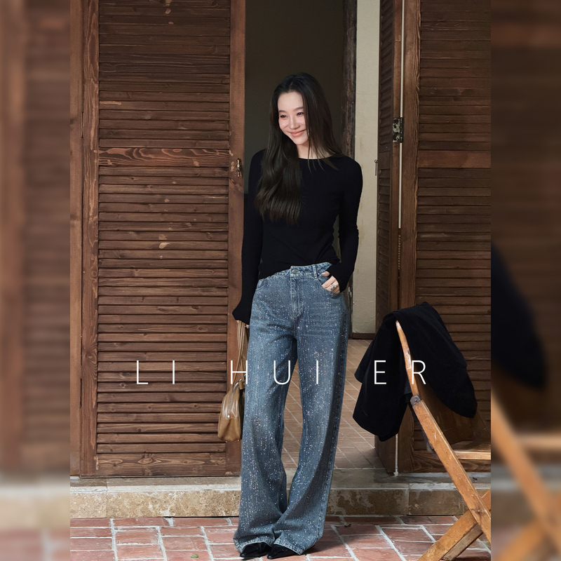 Lihuier Li Hui'Er Galaxy Luoyu Stylish and Versatile Fashionable Cotton-Feel Rhinestone Straight-Leg Denim Blue Jeans Lihuier Li Hui'Er Galaxy Luoyu Stylish and Versatile Fashionable Cotton-Feel Rhinestone Straight-Leg Denim Blue Jeans