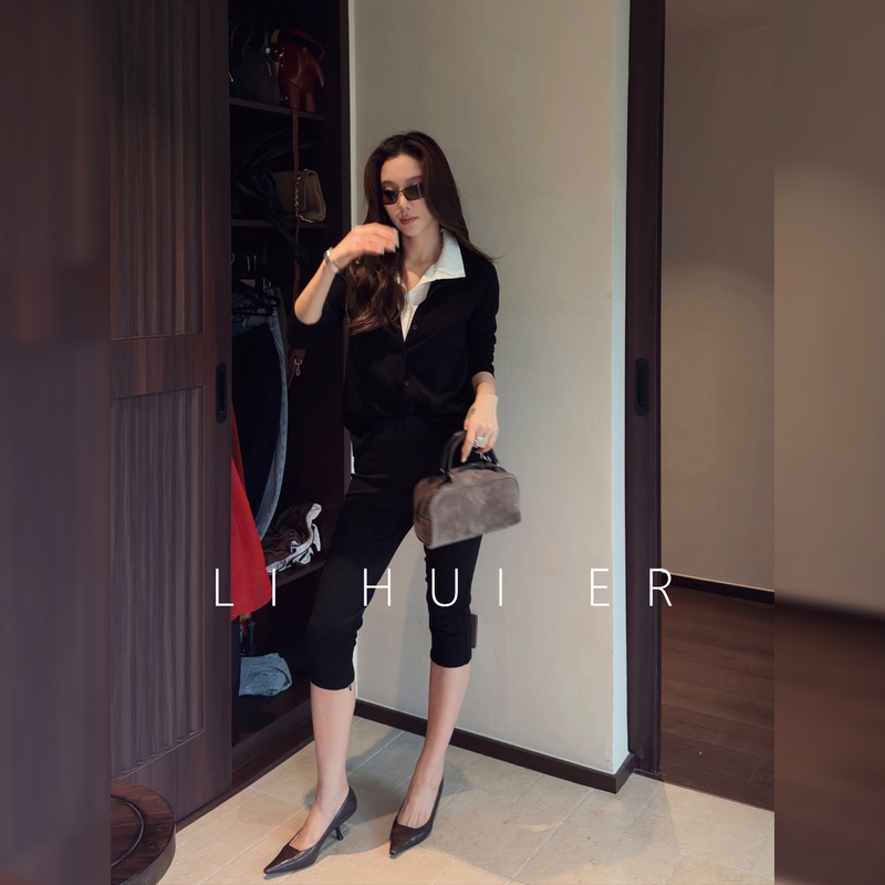 Lihuier [Micro Drop] Capri Pants Old Money Style Slim Fit Black Casual Cycling Pants Autumn