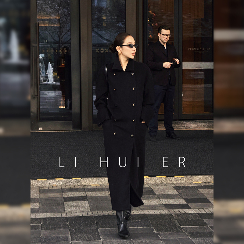 Lihuier Li Hui'Er Snow Daytime Zone 100% Wool Coat Women's Winter Black Mid-Length Woolen Jacket