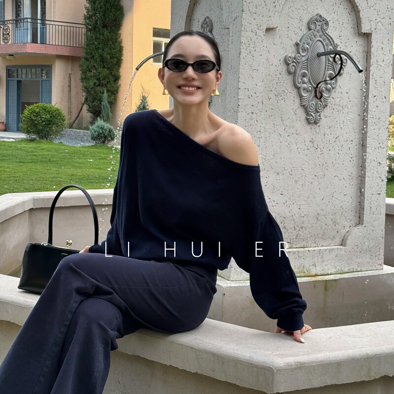 Lihuier [Emerald Green] Designer Sweater for Women, Autumn Minimalist Asymmetrical Shoulder Commuting Knit Top