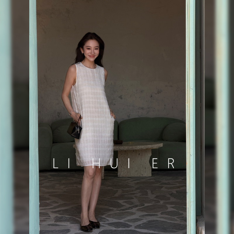 Lihuier [Champagne Romance] Summer Off-White Round Neck Sleeveless High-Waisted Tank Dress for Women