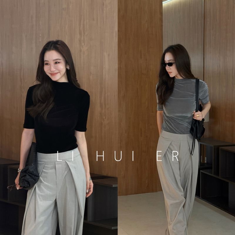 Li Hui Er (Li Hui'Er) Slow and Elegant Early Autumn Velvet-Like Slim-Fit Regular Shoulder Round Neck Mid-Sleeve T-Shirt Base Layer Top