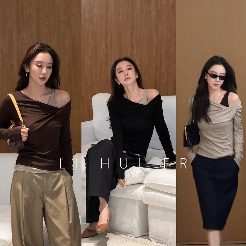 Lihuier [Ebony Floating Tea] Tencel Wool Fake Two-Piece Off-Shoulder Long-Sleeve Knit Top