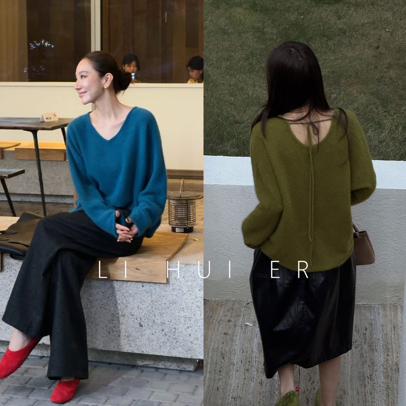 Lihuier [Moss Turquoise] Rabbit Fur Wool Blend V-Neck Back Tie Loose Knit Sweater for Women