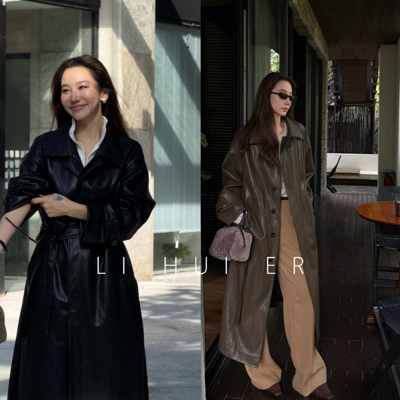 Lihuier [Dark Corner Echo] Autumn Pu Leather Cotton-Like Black High-End Oversized Leather Trench Coat