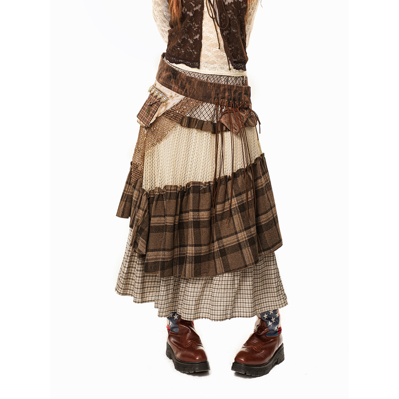 Arielink Vintage-Style Irregular Heavy-Duty Curved Hem Patchwork Japanese Fashion Plaid Cake Skirt for Women