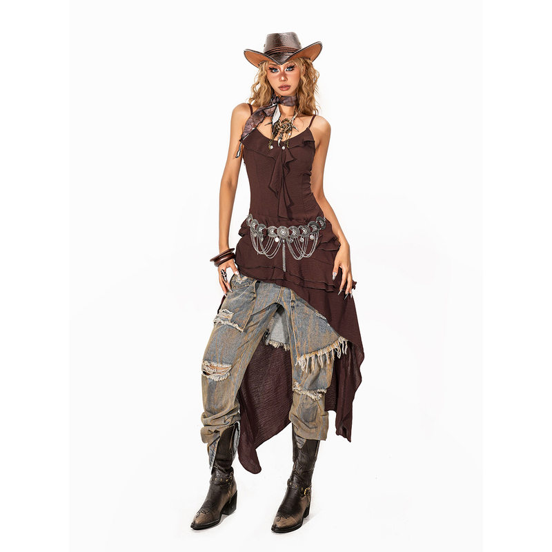 Arielink Retro Wasteland Style Irregular Hem Ruffled Millennium Y2K Hot Girl Layered Suspender Dress