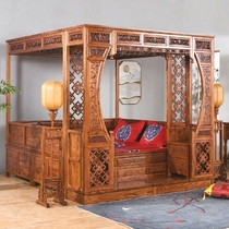 All solid wood canopy bed antique mahogany south elm carved Huayuedong double step bed new Chinese style step bed
