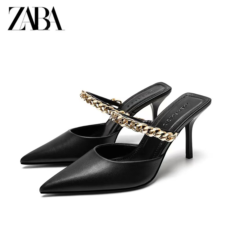 Special Clearance Zaba Raicis Genuine Leather Pointed Toe Chain High Heels Women's Large Size Stiletto Half-Slip Mules Sandals