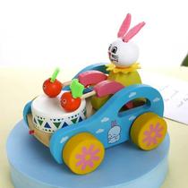 New childrens trolley baby dragging toddler animals bunny playing drums wooden trolley toys 1-3
