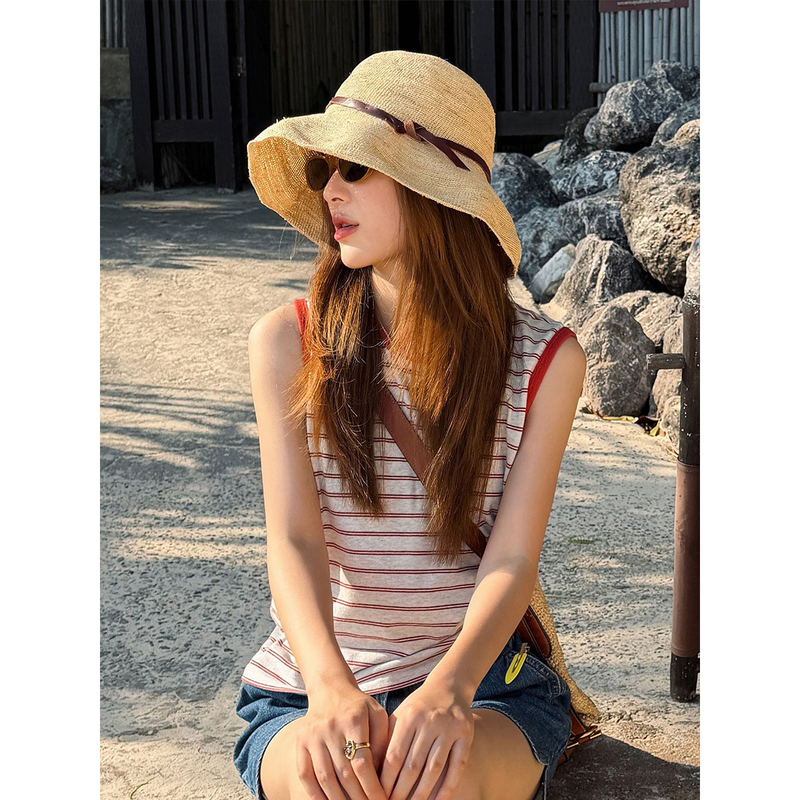 Fiery Red and White Striped Color-Block Trim Vest for Women, New Summer American Retro Sleeveless Casual Short Top