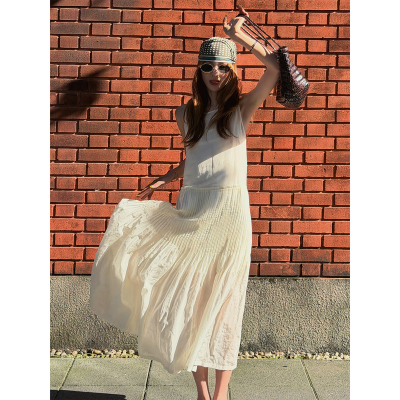 Fiery Fire【Kochi Moonlight】Pleated Sleeveless Dress for Women New Summer Style Flowing Fairy Long Dress