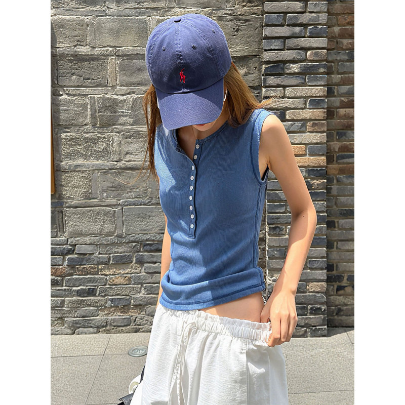 Fiery Fire [Blue Button] American Retro Summer Slim Fit Sleeveless Vest for Women 2026 New Summer Model