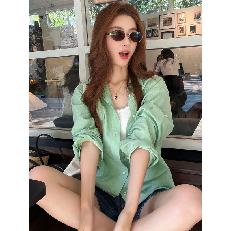 Fiery Green Mint Double Pocket Shirt for Women, New Spring/Summer Loose Fit Slimming Casual Commuter Stylish Blouse
