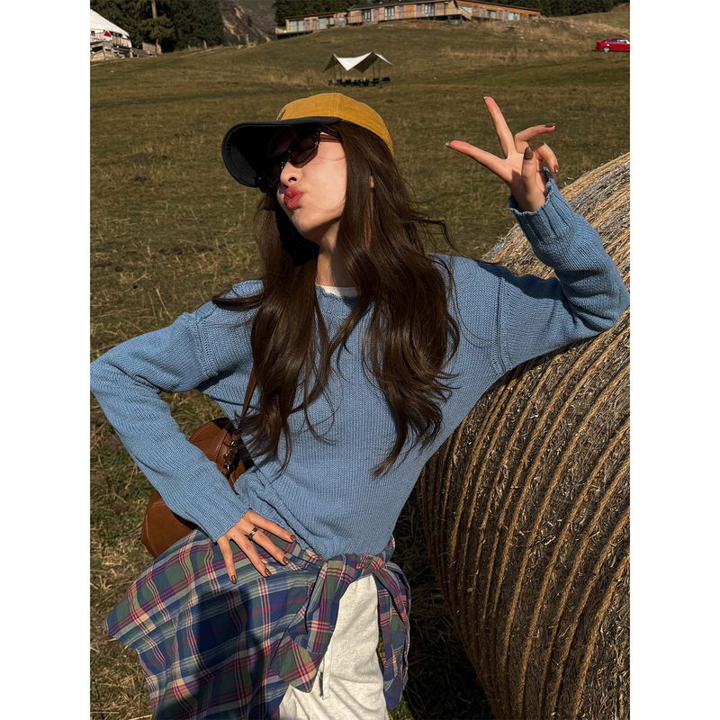 Fiery Fire【Tees】Linen & Cotton Simple Style Blue Knitted Sweater for Women New Pullover Base Sweater