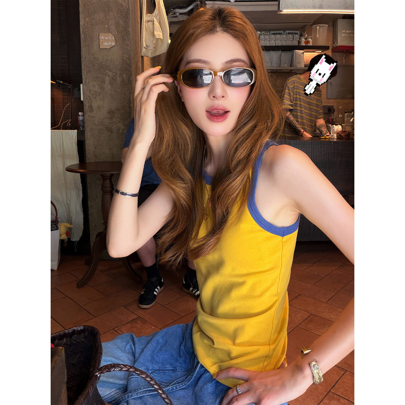 Fiery Fire【Candy Bean】Color-Contrasting Edge-Trimmed Tank Top for Women, New Style, Covers Side Breasts, American Retro Style, Outerwear, Base Layer