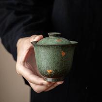 Kongjizhai Bronze Green Hand-painted Gold Liangcai Gaiwan Kung Fu Tea Set Retro Stoneware Household Gaiwan Tea Bowl