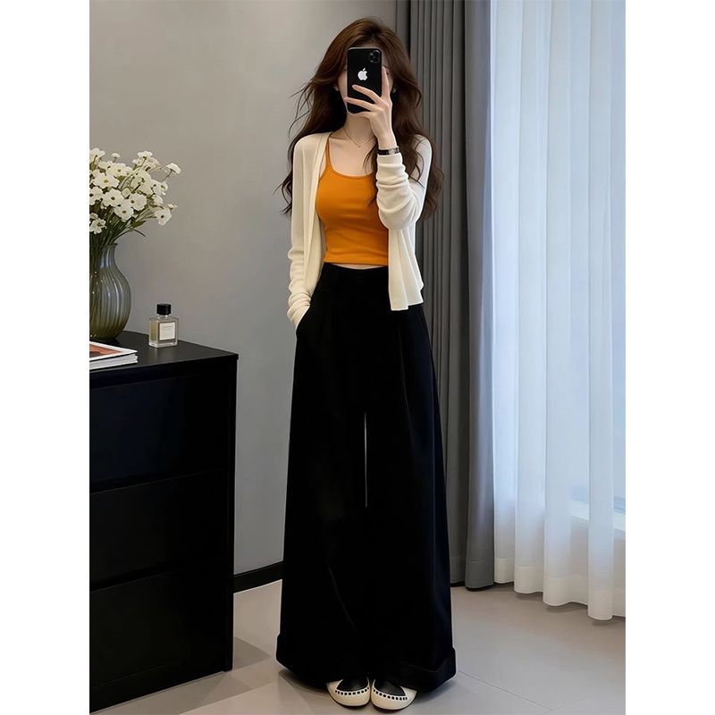 Korean-Style Casual Outfit for Women 2026 Early Autumn Knit Cardigan, Camisole, Wide-Leg Pants, Slimming Three-Piece Set for Work