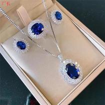 High-end sapphire set ring necklace earrings three-piece set tanzanite European and American temperament light E luxury womens pendant