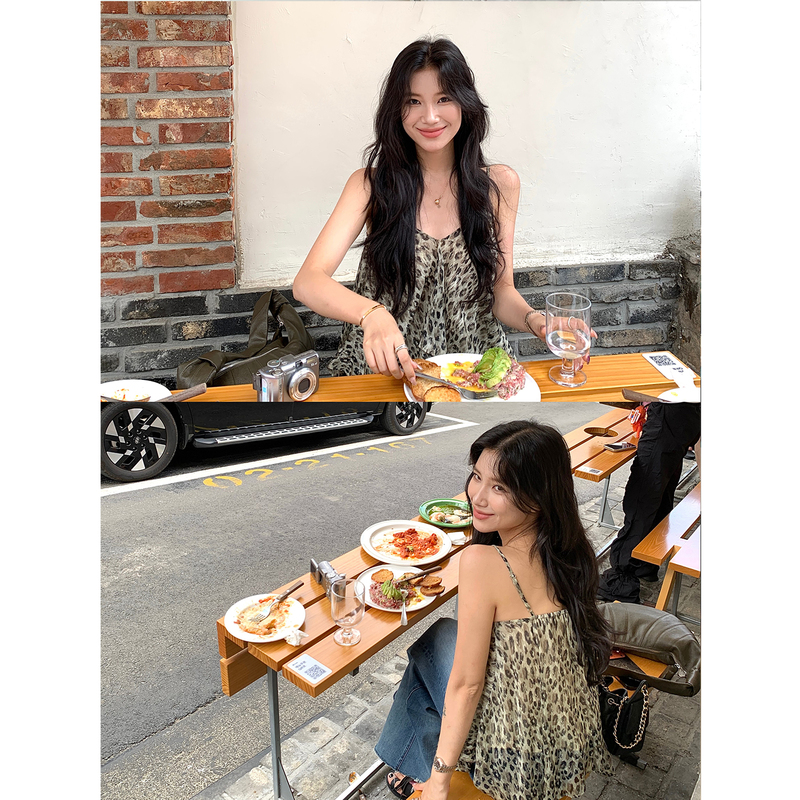 Daqianwithu Retro Leopard Print Draped Bias-Cut Comfortable Camisole Slimming Tank Top Daqianwithu Retro Leopard Print Draped Bias-Cut Comfortable Camisole Slimming Tank Top