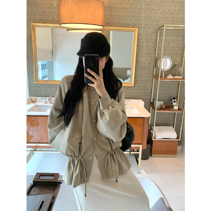 Daqianwithu Drawstring Pleated Waist Adjustable Spring Trench Coat Loose Stand Collar Jacket