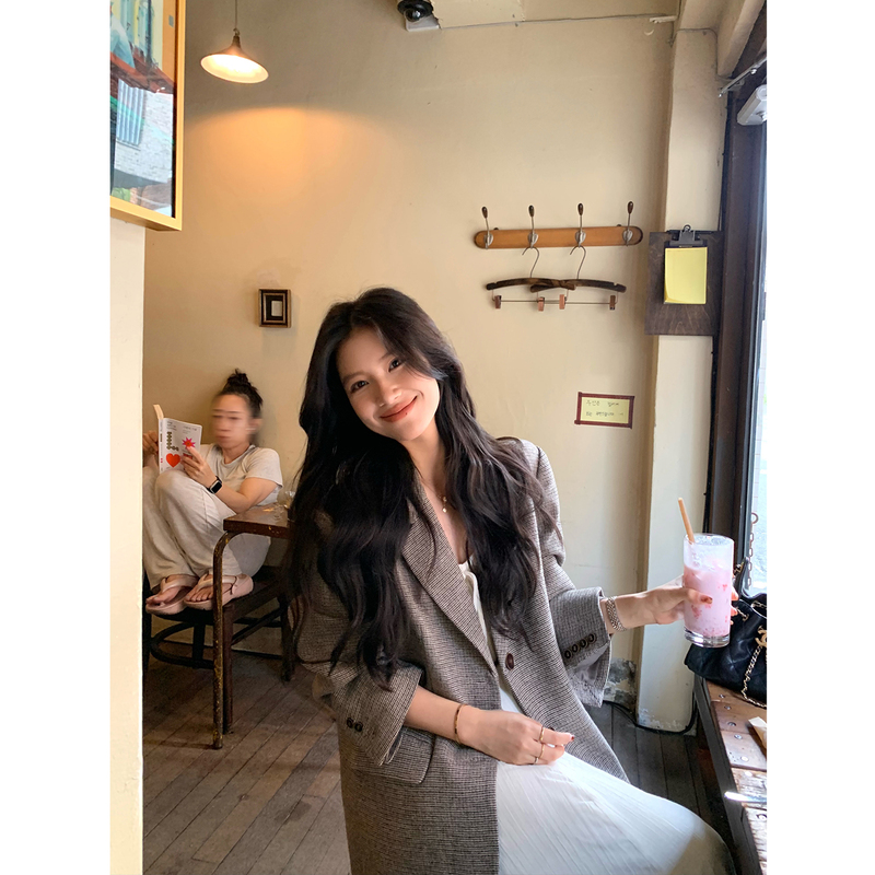 Daqianwithu Delicate Vintage Plaid Texture Slimming Loose Wool Blazer Daqianwithu Delicate Vintage Plaid Texture Slimming Loose Wool Blazer