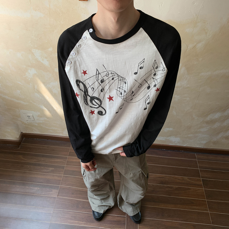 Oalin Light Asian Style Retro Musical Note Print Slub Cotton Long-Sleeve T-Shirt with Diagonal Placket and Raglan Sleeves Casual Base Shirt for Men Oalin Light Asian Style Retro Musical Note Print Slub Cotton Long-Sleeve T-Shirt with Diagonal Placket and Raglan Sleeves Casual Base Shirt for Men