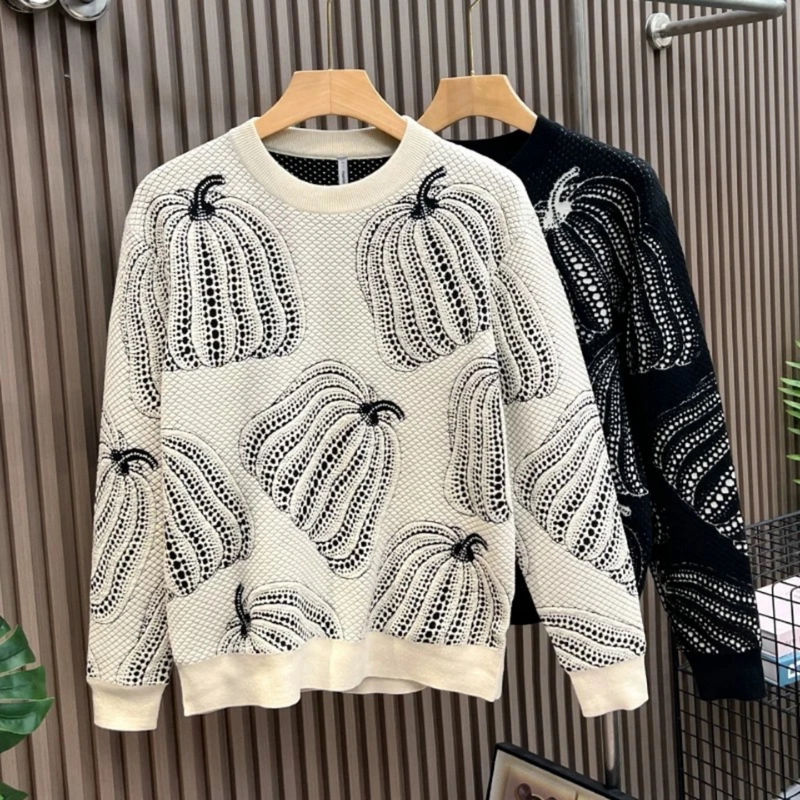 26Ss Autumn New Pumpkin Jacquard Sweater Men's Loose Round Neck Knitwear Trendy Cool Top