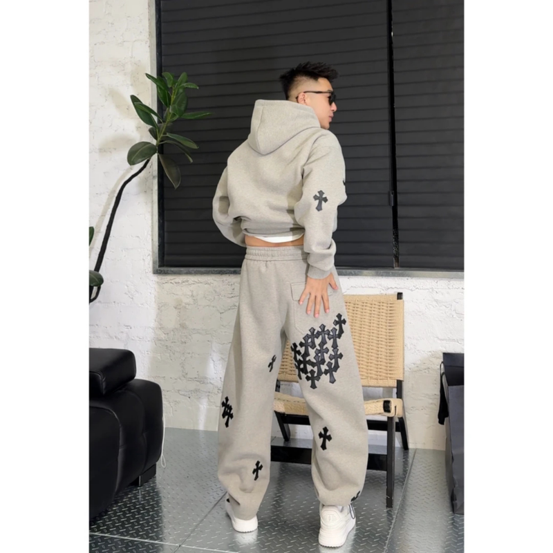 Winter High-Quality Men's Fleece-Lined Hoodie Set with High Street Cross Pattern Design and Scimitar Sweatpants Two-Piece Trendy Set