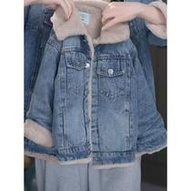 Parent-child clothing plus velvet and thickened denim jacket winter clothing for boys and girls warm plush lining fashionable jacket cotton coat